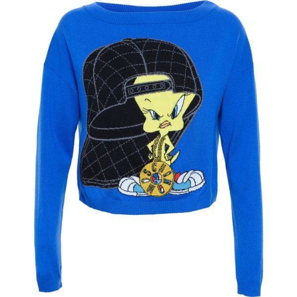 Moschino Couture Looney Tunes Tweety Bird Blue Virgin Wool Sweater Italy 44